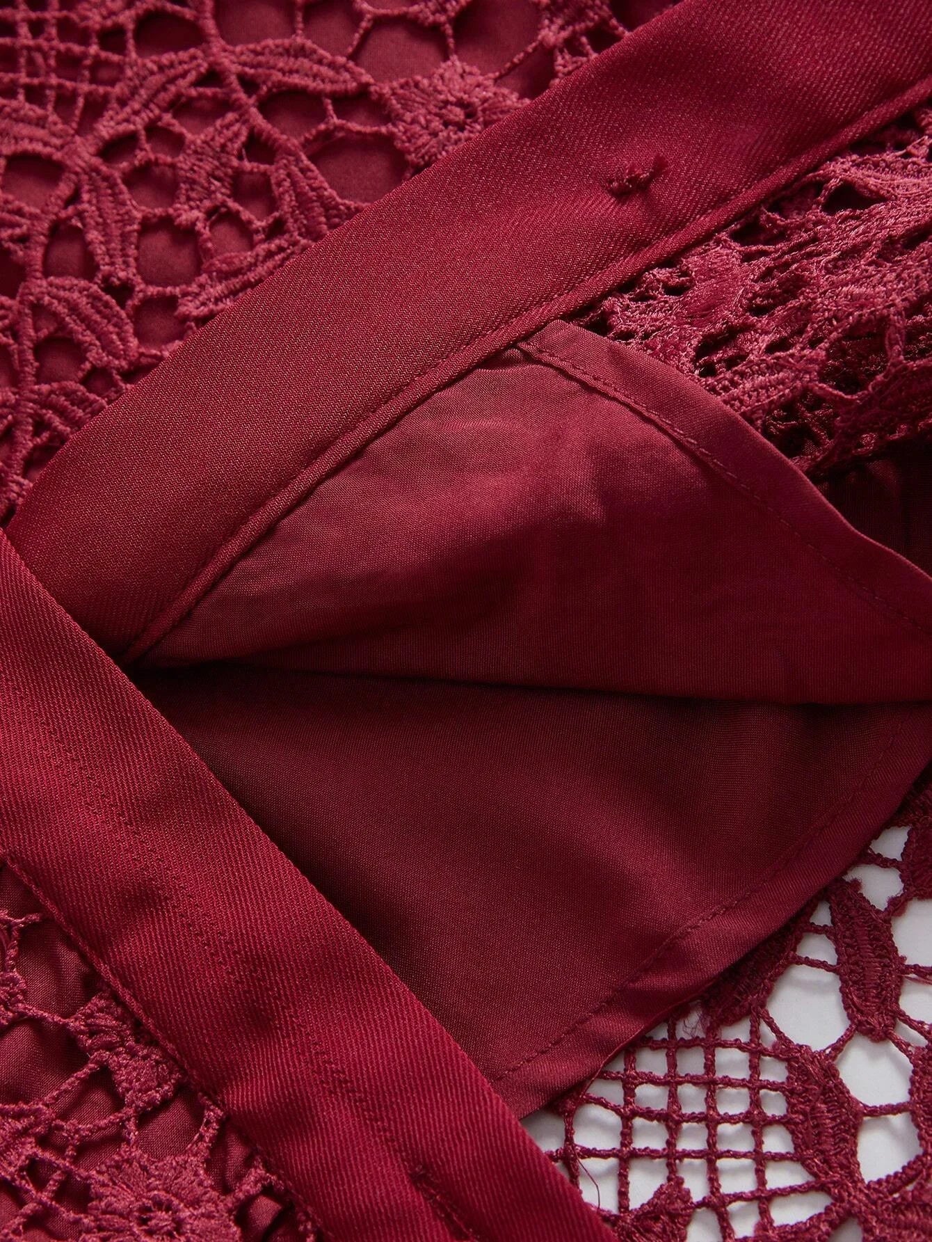 Christmas Lapel Straight Bodycon Gold Button Floral Laser Cut Lace Long Sleeve Pockets Belted