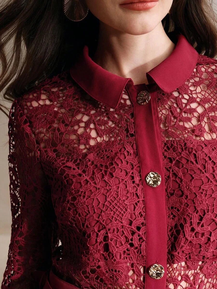 Christmas Lapel Straight Bodycon Gold Button Floral Laser Cut Lace Long Sleeve Pockets Belted
