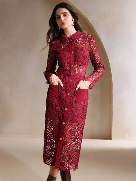 Christmas Lapel Straight Bodycon Gold Button Floral Laser Cut Lace Long Sleeve Pockets Belted