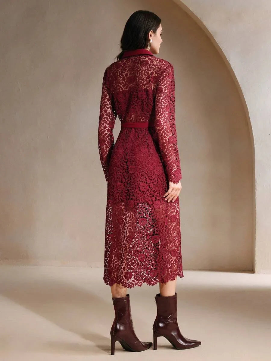 Christmas Lapel Straight Bodycon Gold Button Floral Laser Cut Lace Long Sleeve Pockets Belted