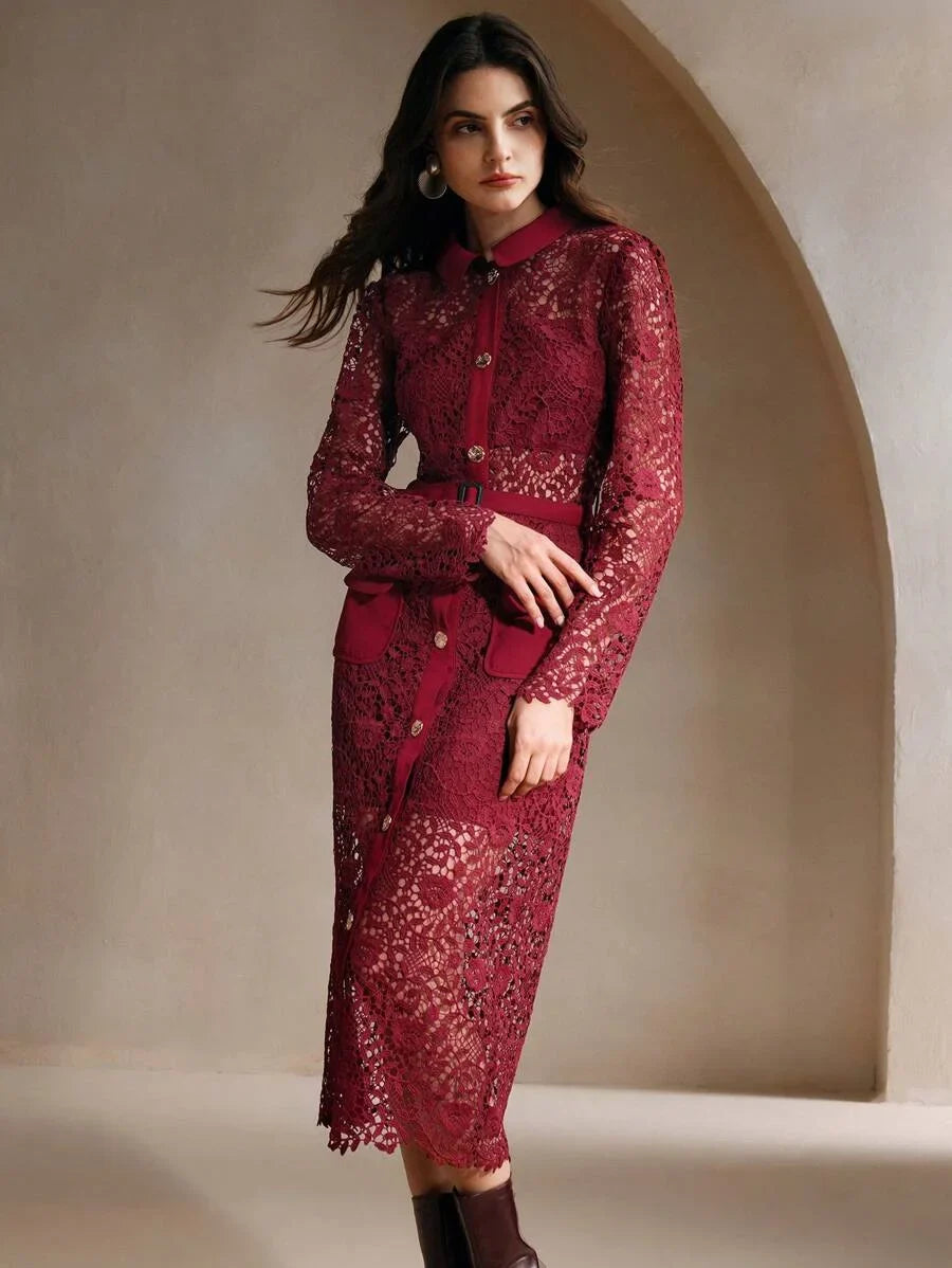 Christmas Lapel Straight Bodycon Gold Button Floral Laser Cut Lace Long Sleeve Pockets Belted