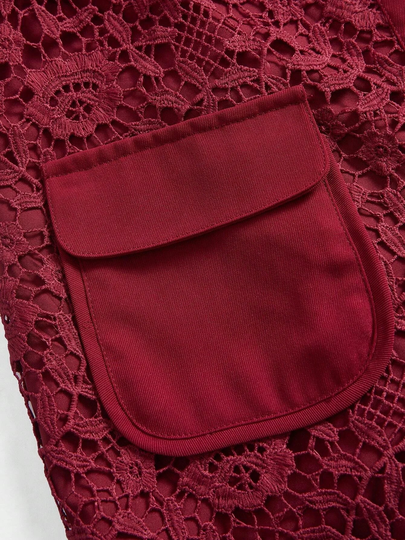 Christmas Lapel Straight Bodycon Gold Button Floral Laser Cut Lace Long Sleeve Pockets Belted