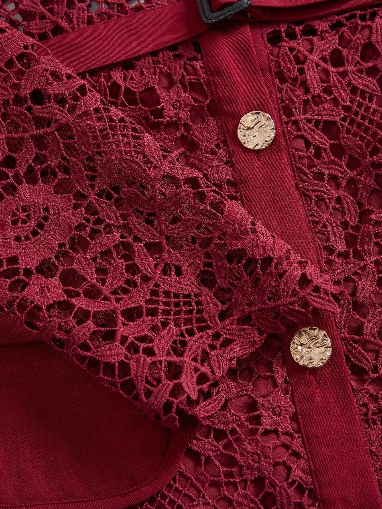 Christmas Lapel Straight Bodycon Gold Button Floral Laser Cut Lace Long Sleeve Pockets Belted