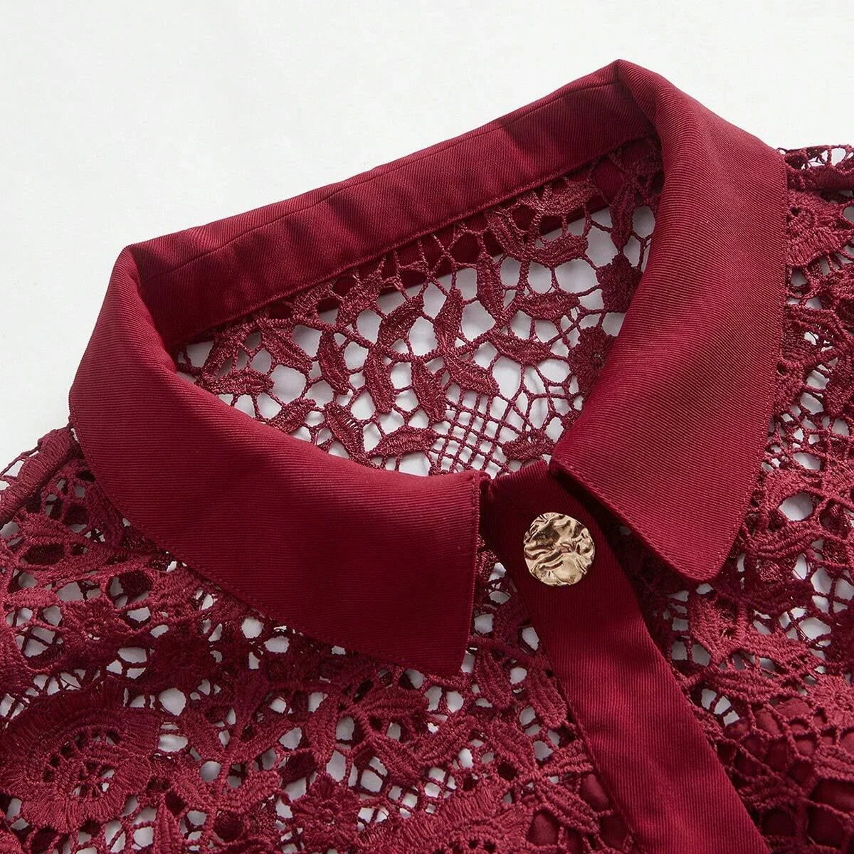 Christmas Lapel Straight Bodycon Gold Button Floral Laser Cut Lace Long Sleeve Pockets Belted