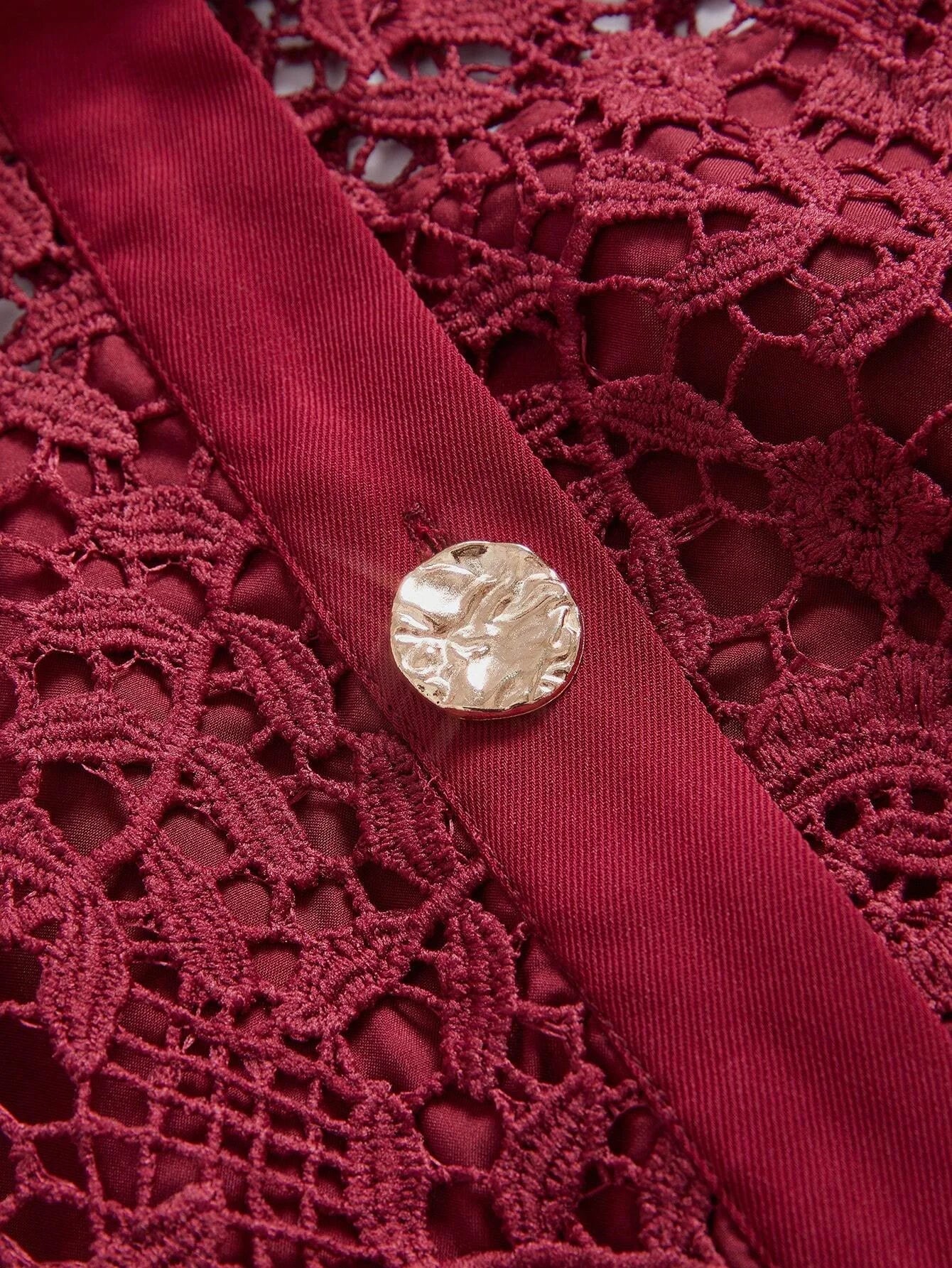 Christmas Lapel Straight Bodycon Gold Button Floral Laser Cut Lace Long Sleeve Pockets Belted