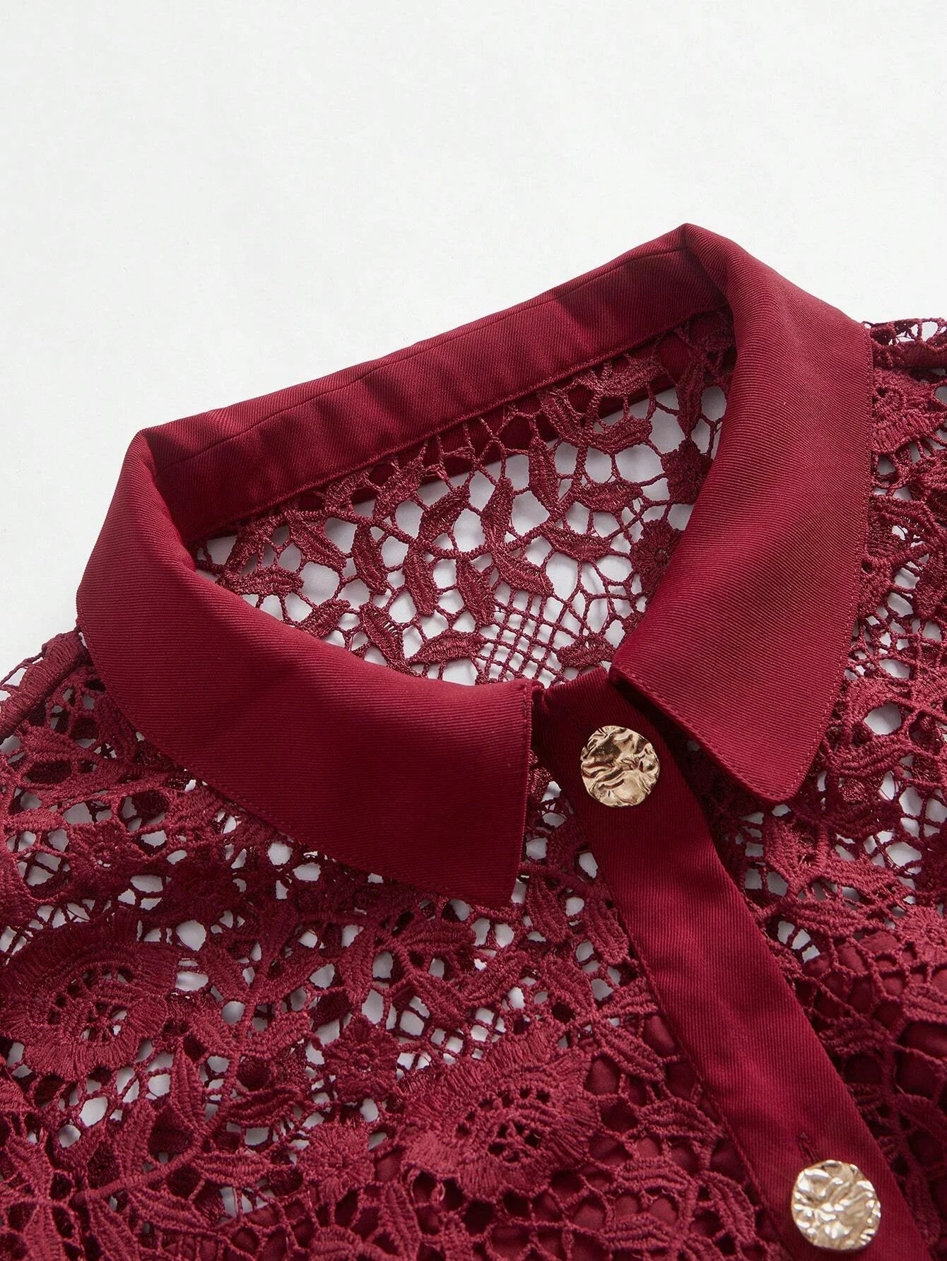 Christmas Lapel Straight Bodycon Gold Button Floral Laser Cut Lace Long Sleeve Pockets Belted