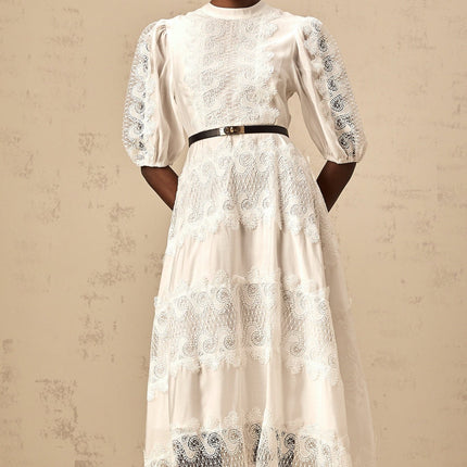 Cinzia White Lace Panel Midi Dress with Scalloped Hem and Puff Sleeves