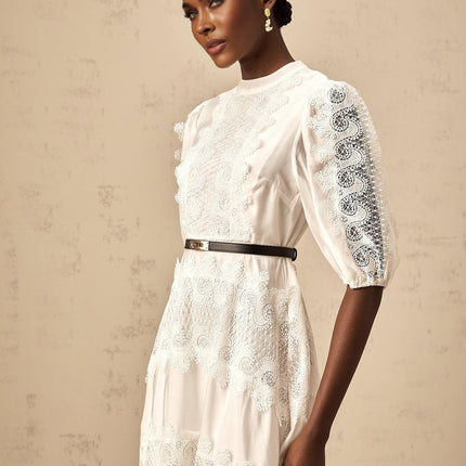 Cinzia White Lace Panel Midi Dress with Scalloped Hem and Puff Sleeves