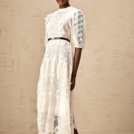 Cinzia White Lace Panel Midi Dress with Scalloped Hem and Belted Waist