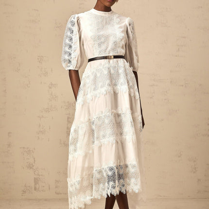 Cinzia White Lace Panel Midi Dress with Scalloped Hem and Puff Sleeves