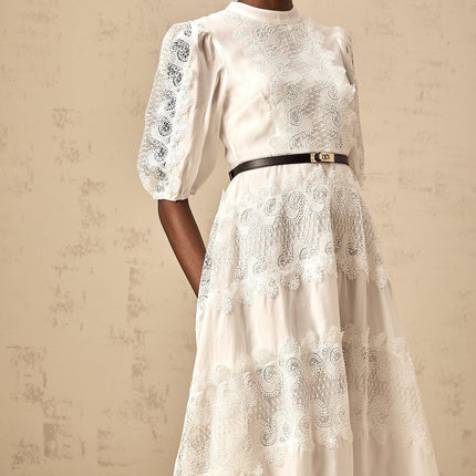 Cinzia White Lace Panel Midi Dress with Scalloped Hem and Belted Waist