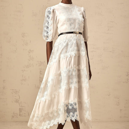 Cinzia White Lace Panel Midi Dress with Scalloped Hem and Puff Sleeves