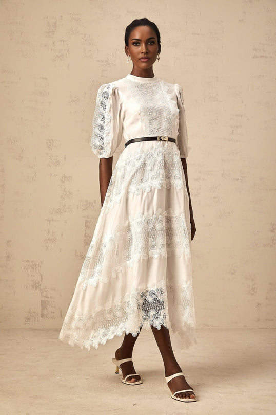 Cinzia White Lace Panel Midi Dress with Scalloped Hem and Puff Sleeves
