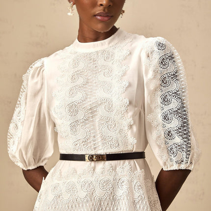 Cinzia White Lace Panel Midi Dress with Scalloped Hem Crew Neck and Puff Sleeves