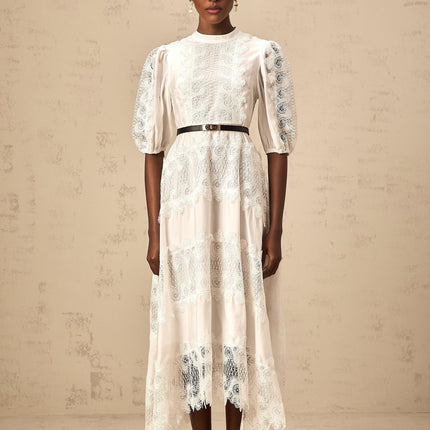 Cinzia White Lace Panel Midi Dress with Scalloped Hem and Puff Sleeves
