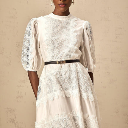 Cinzia White Lace Panel Midi Dress with Scalloped Hem Crew Neck Half Puff Sleeves Belted Waist Panelled Design Luxurious Full Lining Rear Zip Fastening 85% Polyamide 15% Elastane