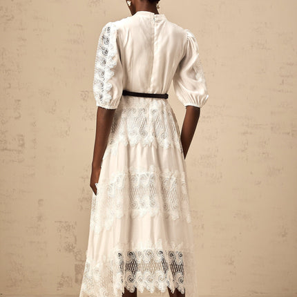 Cinzia White Lace Panel Midi Dress with Scalloped Hem and Puff Sleeves