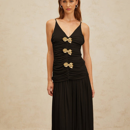 Cinzietta Black Brooch Detail Maxi Pleated Top and Skirt Set