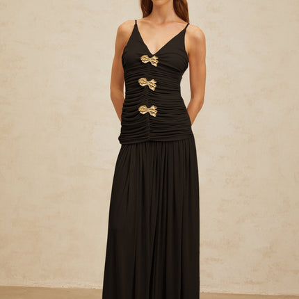 Cinzietta Black Brooch Detail Maxi Pleated Top Skirt Set