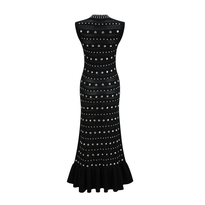 Cinzietta Black Crochet Knit Maxi Dress with Stud Embellishments and Ruffled Hem