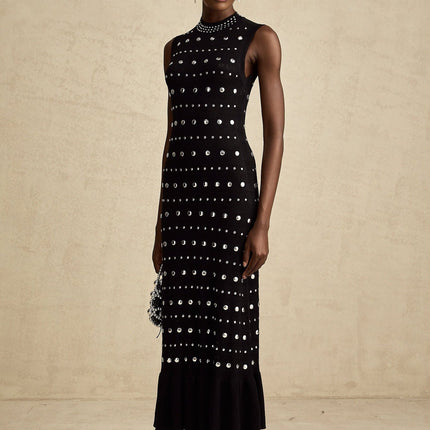 Cinzietta Black Crochet-Knit Maxi Dress with Stud Embellishments and Ruffled Hem
