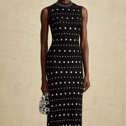 Cinzietta Black Crochet-Knit Maxi Dress with Stud Embellishments and Ruffled Hem