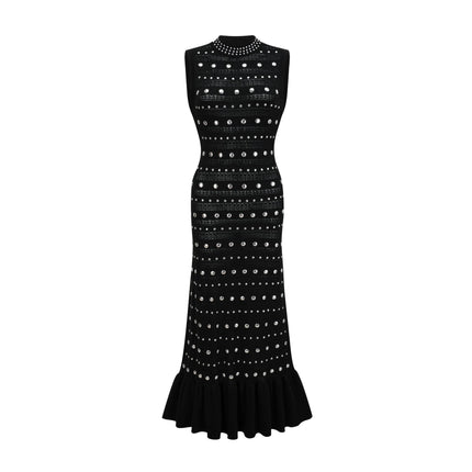 Cinzietta Black Crochet-Knit Maxi Dress with Stud Embellishments and Ruffled Hem