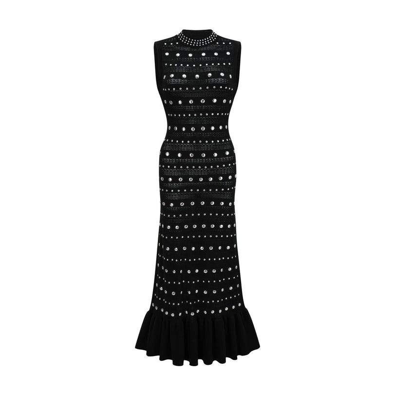 Cinzietta Black Crochet-Knit Maxi Dress with Stud Embellishments and Ruffled Hem