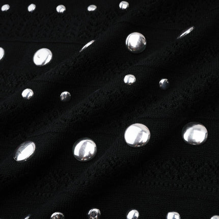 Cinzietta Black Crochet-Knit Maxi Dress with Stud Embellishments and Ruffled Hem