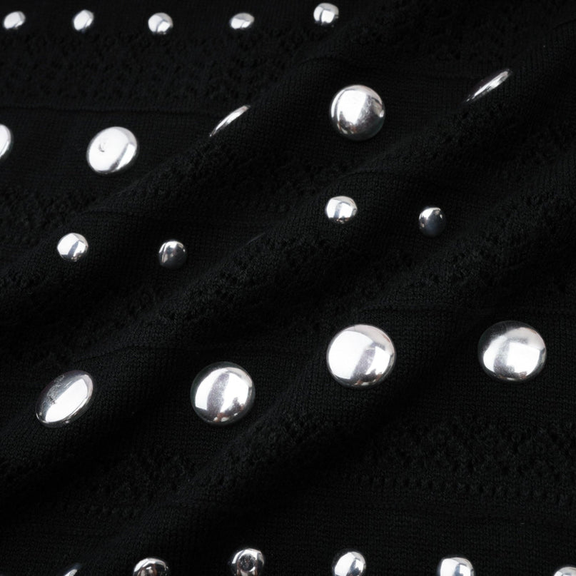 Cinzietta Black Crochet-Knit Maxi Dress with Stud Embellishments and Ruffled Hem
