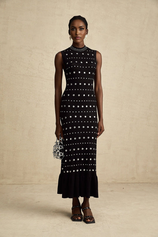 Cinzietta Black Crochet Knit Maxi Dress with Stud Embellishments and Ruffled Hem