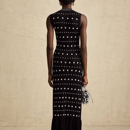 Cinzietta Black Crochet-Knit Maxi Dress with Stud Embellishments and Ruffled Hem