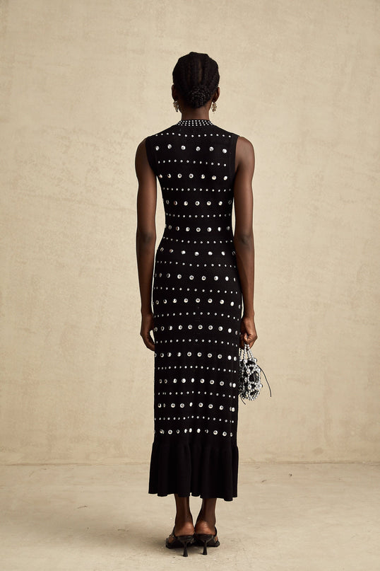Cinzietta Black Crochet-Knit Maxi Dress with Stud Embellishments and Ruffled Hem