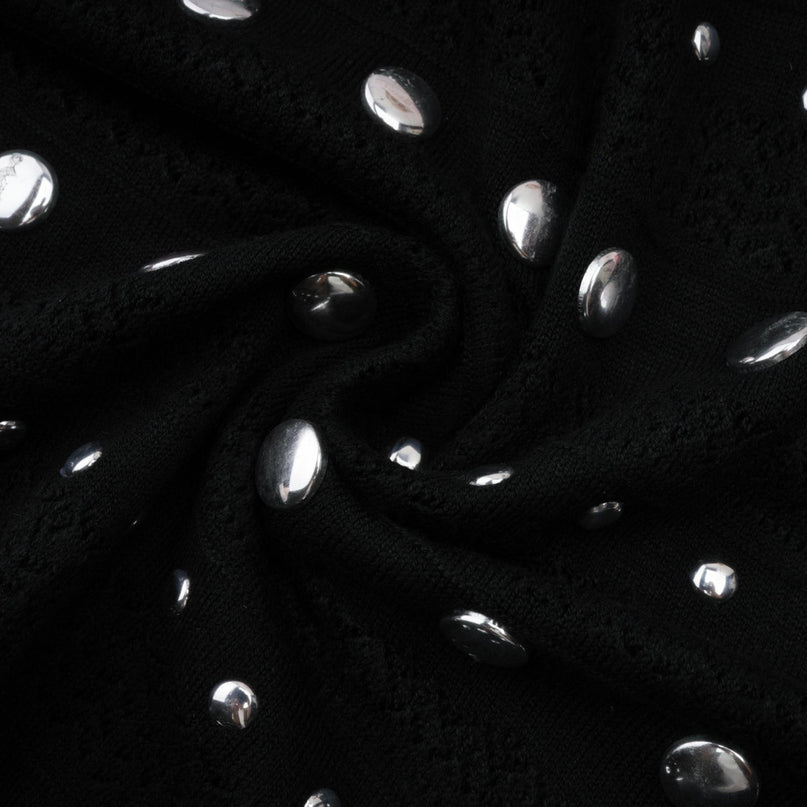 Cinzietta Black Crochet Knit Maxi Dress with Stud Embellishments and Ruffled Hem