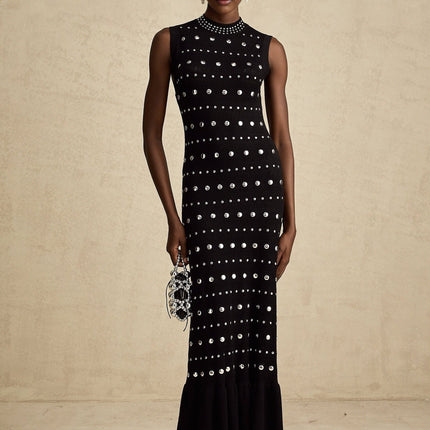 Cinzietta Black Crochet-Knit Maxi Dress with Stud Embellishments and Ruffled Hem
