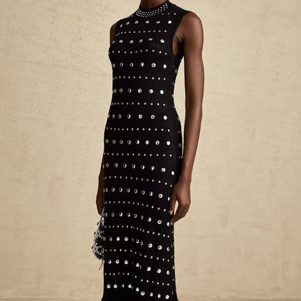 Cinzietta Black Crochet-Knit Maxi Dress with Stud Embellishments and Ruffled Hem