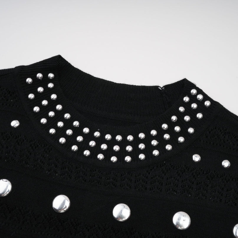 Cinzietta Black Crochet-Knit Stud Embellished Maxi Dress