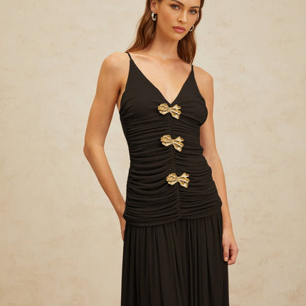 Cinzietta Black Pleated Maxi Top Skirt Set Brooch Detail
