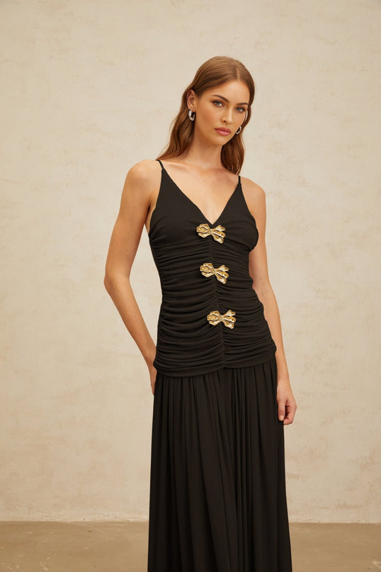 Cinzietta Black Pleated Maxi Top Skirt Set Brooch Detail