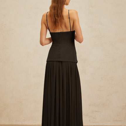 Cinzietta Black Top Skirt Set Brooch Detail Maxi Pleated