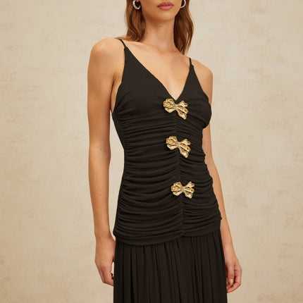 Cinzietta Black Top and Skirt Set Brooch Detail Maxi Pleated