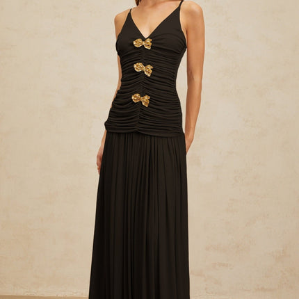 Cinzietta Black Top Skirt Set Brooch Detail Maxi Pleated