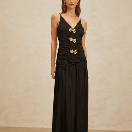 Cinzietta Black Top Skirt Set Brooch Detail Maxi Pleated