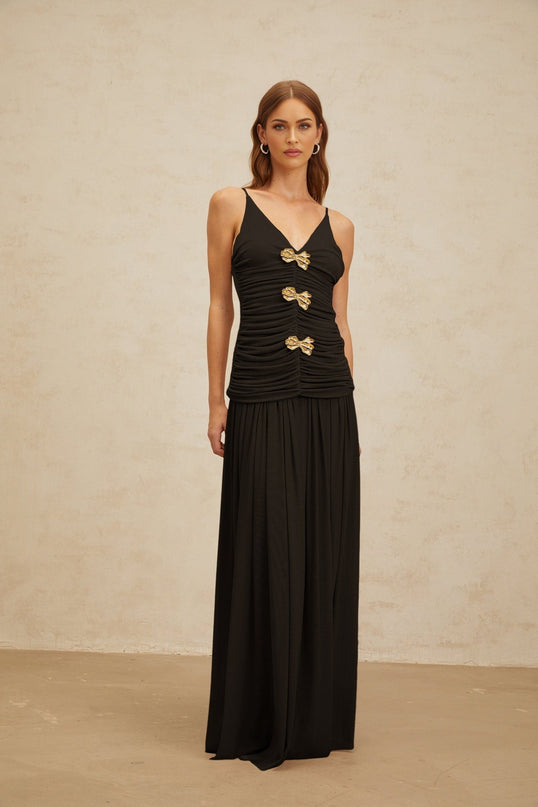Cinzietta Black Top Skirt Set Brooch Detail Maxi Pleated