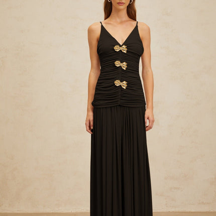 Cinzietta Black Top & Skirt Set Brooch Detail Maxi Pleated