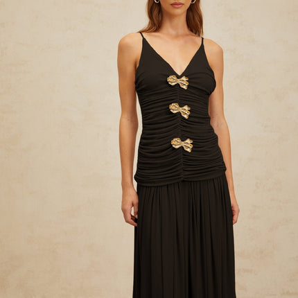 Cinzietta Black Top Skirt Set Brooch Detail Maxi Pleated