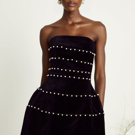 Claire Black Velvet Faux Pearl Corset Mini Dress
