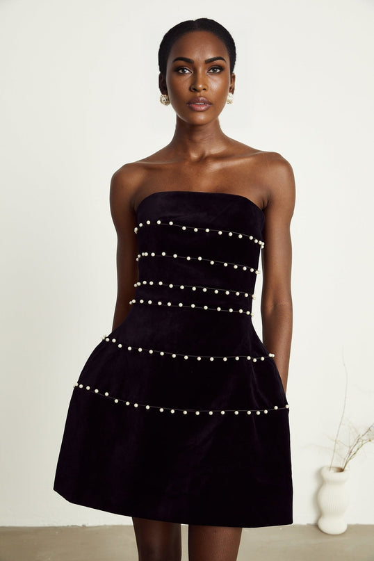 Claire Black Velvet Faux Pearl Corset Mini Dress