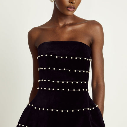 Claire Black Velvet Faux Pearl Corset Mini Dress