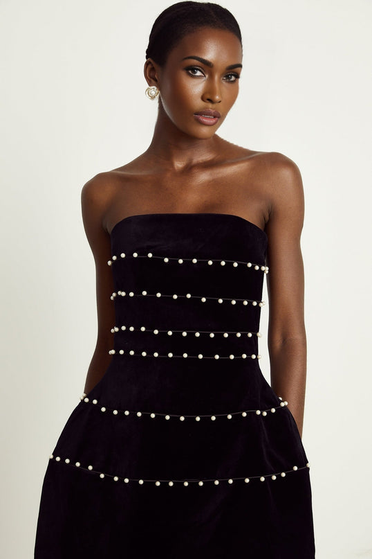 Claire Black Velvet Faux Pearl Corset Mini Dress